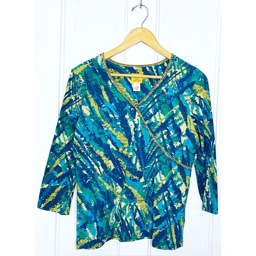 Ruby Rd. : size L : blue, gold and green colorful print 3/4 sleeve blouse top